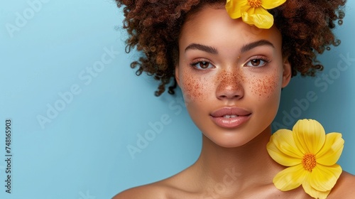 a woman with freckles on her face and a flower in her hair with freckles on her face. photo