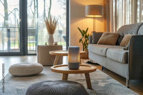 Smart home setup with a modern living room showcasing voice controlled lighting a digital assistant and automated home appliances