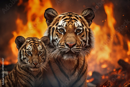 Two tigers briskly walk in front of a raging fire, symbolizing their escape from a dangerous forest blaze