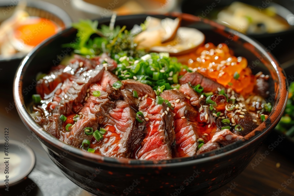 Delectable Japanese beef over rice topped with salmon roe and garnish in a bowl, a traditional meal Delectable Japanese beef over rice topped with salmon roe and garnish in a bowl, a traditional meal