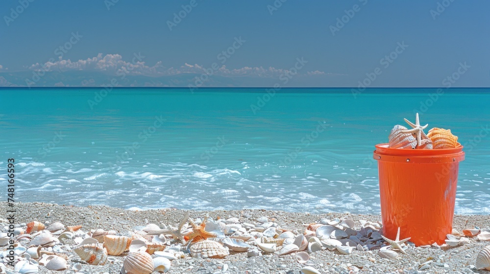 a red trash can sitting on top of a beach next to a body of water with a starfish on top of it. a red trash can sitting on top of a beach next to a body of water with a starfish on top of it.