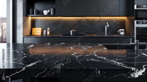 A kitchen room interior background featuring an empty black marble table for product display.
