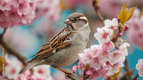 a small bird sitting on a branch of a tree with pink flowers in the foreground and a blue sky in the background.