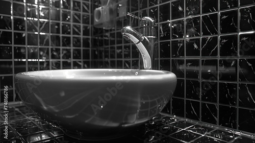 a black and white photo of a sink with a faucet running from it's faucet. photo