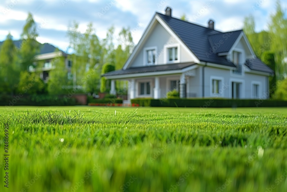 A picturesque suburban house stands behind a vibrant green lawn with blurred foreground, inviting a homely feel A picturesque suburban house stands behind a vibrant green lawn with blurred foreground, inviting a homely feel