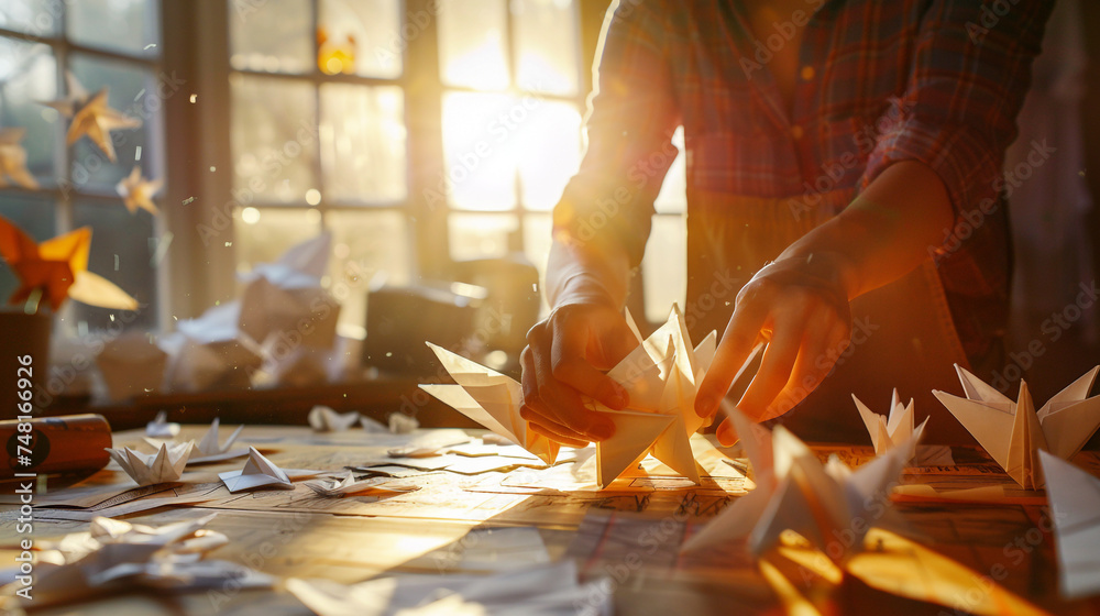 A close-up of a skilled paper artist creating intricate origami sculptures in a sunlit room realistic stock photography - obrazy, fototapety, plakaty 