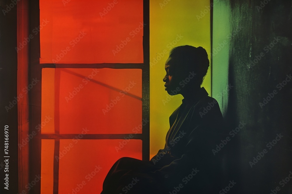 Reflective Solitude: A Woman's Silhouette Against a Vibrant Tapestry of Light and Shadow