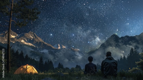A 3D illustration of a father and child setting up camp under a starry sky