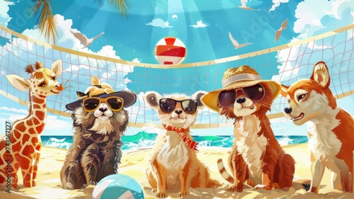 A group of cute animals wearing sunglasses and hats © wasan