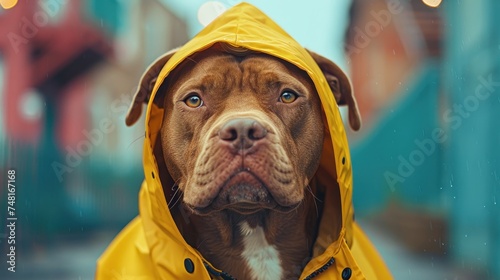 a brown and white dog wearing a yellow raincoat and looking at the camera with a sad look on his face.