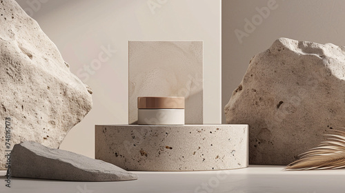 Mockup de recipiente de diseño blanco y marrón colocado sobre un pedestal redondo delante de una gran roca. El recipiente es un producto de una empresa de cosméticos y la roca sirve como fondo. photo