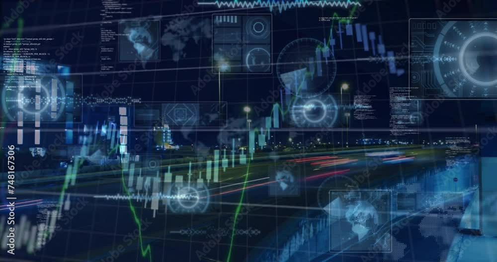 Animation of data processing and diagrams over cityscape Animation of data processing and diagrams over cityscape