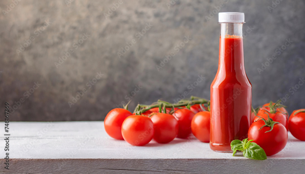 bottle of ketchup and tomatoes on the table with copyspace bottle of ketchup and tomatoes on the table with copyspace