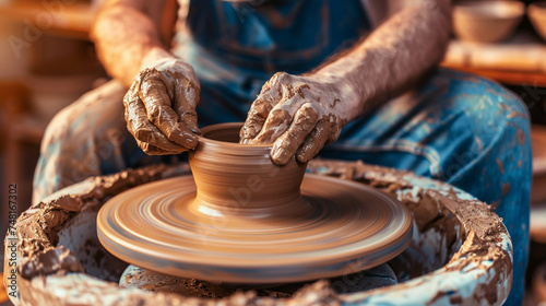 A close-up of a skilled potter shaping clay on a pottery wheel in a sunlit studio realistic stock photography