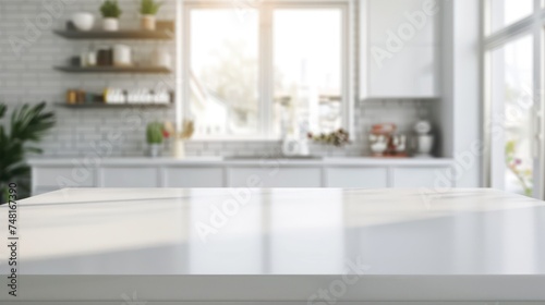 kitchen room interior background, a modern empty white marble table is utilized for product display