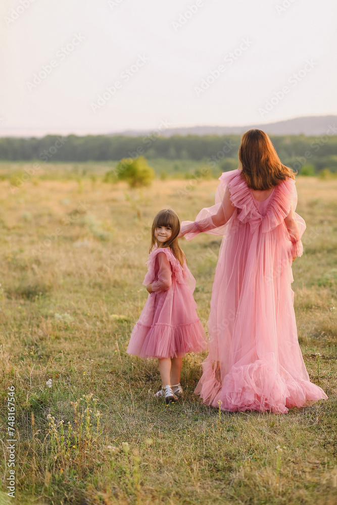 Portrait of a pretty little girl in tulle pink dresse holding the hand of her mother and walking on nature at summer sunset. Mother and daughter