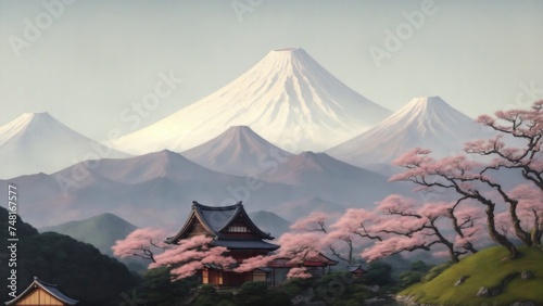 A painting of a Japanese landscape with a mountain and a Japanese house