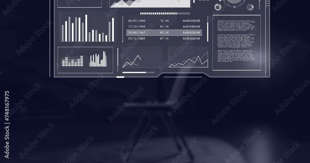 Animation of data processing and globe over chair Animation of data processing and globe over chair