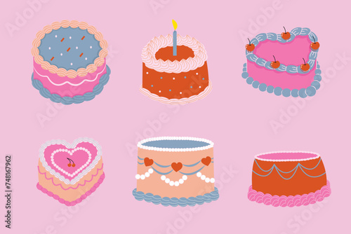 Set of cute cakes in retro style. The illustration is hand drawn. Concept of birthday, party, wedding.