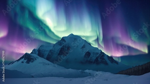 A snowy mountain with the auroras on it