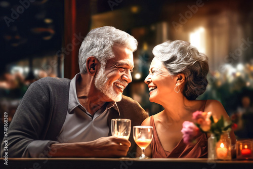 Elderly Couple Enjoying Wine Together at Restaurant Table