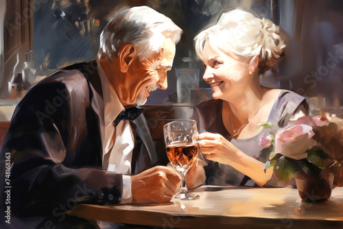 Elderly Couple Enjoying Drink Together in a Painting