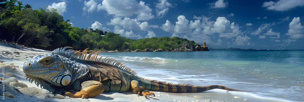 dinosaur in the grass Green iguana on the beach in the US Virgin Islands,
Aesthetic desktop wallpaper 8k Photography background






