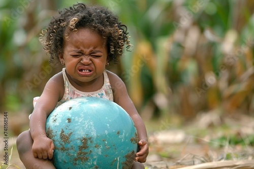 One year old African American beauty cried while sitting on a ball