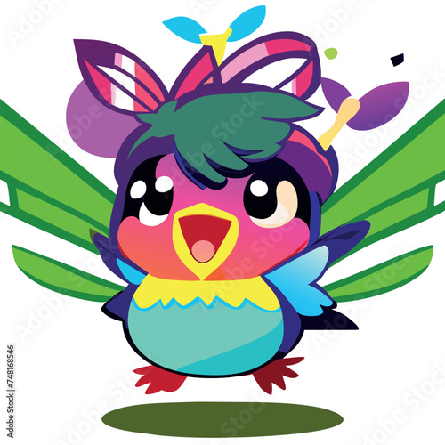 a colorful little bird with grass growing on its head, singing upside-down notes walking among spiderwebs, vector illustration kawaii © Gear Digital