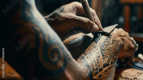 A close-up of a skilled tattoo artist creating a custom and intricate sleeve tattoo. realistic stock photography photo