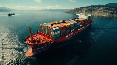 Cargo container ship in the ocean with logistics business and transportation industry