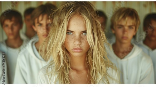 a woman with long blonde hair standing in front of a group of young men with freckles on her face. photo