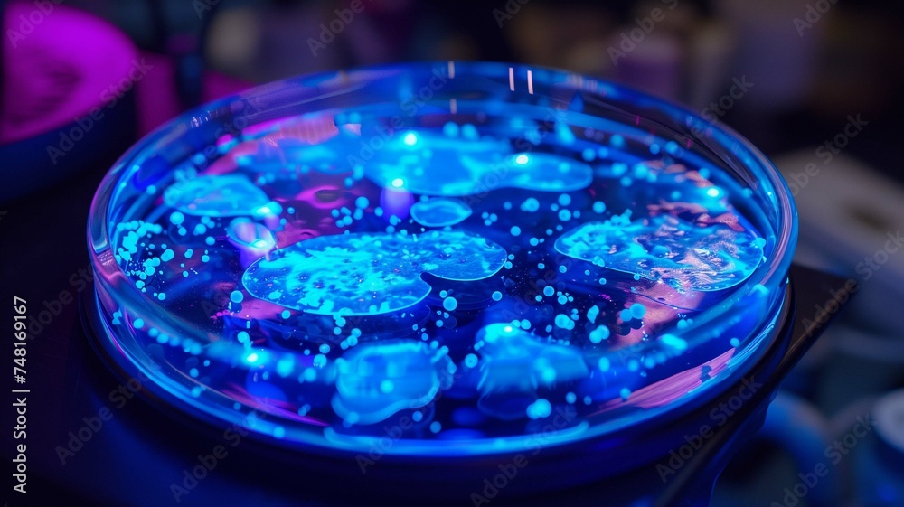 A vibrant Petri dish aglow with blue bacterial colonies, illuminated from within, showcasing an intersection of biology and art