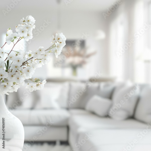 In a modern white living room, there's a sofa and furniture arranged against a softly blurred, luminous background, accented with decorative flowers in vases. Wide panoramic shot ideal for backgrounds