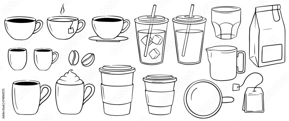 Coffee drink vector illustrations collection. Graphic elements for menu design. Various coffee drinks set : Coffee cups, beans, tea, cafe. Coffee drink vector illustrations collection. Graphic elements for menu design. Various coffee drinks set : Coffee cups, beans, tea, cafe.