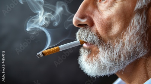 an older man smoking a cigarette with smoke coming out of the top of his mouth and a cigarette in his mouth. photo