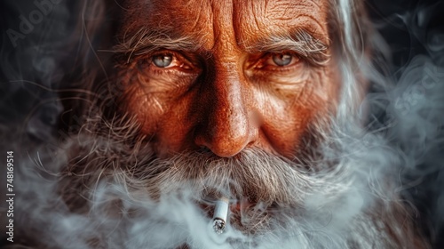 a close up of a man's face with a lot of smoke coming out of his eyes and a cigarette in his mouth.