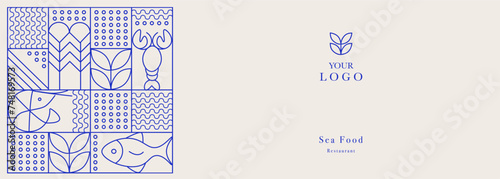 Web banner. Line geometric mosaic seamless pattern illustration. Fish and seafood geometric pattern. Natural food background creative simple, agriculture vector design. Healthy Food pattern