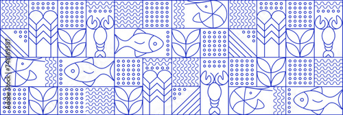 Web banner. Line geometric mosaic seamless pattern illustration. Fish and seafood geometric pattern. Natural food background creative simple, agriculture vector design. Healthy Food pattern