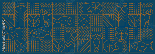 Web banner. Line geometric mosaic seamless pattern illustration. Fish and seafood geometric pattern. Natural food background creative simple, agriculture vector design. Healthy Food pattern