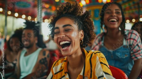 A diverse group of friends enjoying a laughter-filled day at a lively and colorful amusement park realistic stock photography