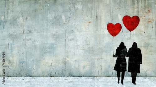 a painting of two people holding red heart shaped balloons in front of a concrete wall with a concrete wall behind them. photo