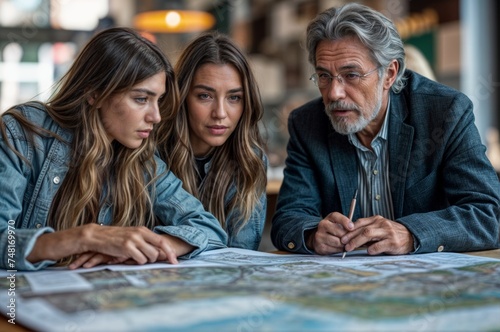 Senior couple and their teenage daughter looking at a map in a restaurant