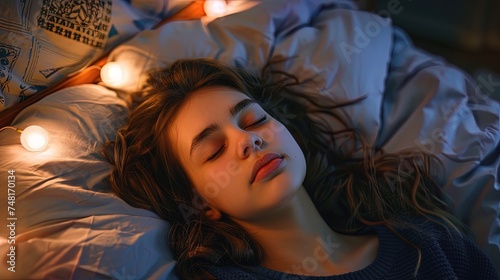 Young beautiful woman sleeping in bed at night  ai generative