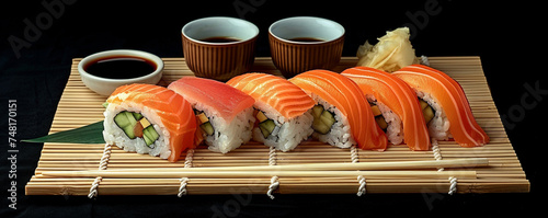 A plate of sushi with salmon, tuna, avocado and cucumber. Soy sauce, wasabi and ginger on the side. Chopsticks and a napkin on a bamboo mat. Black background with sesame seeds Top view space to copy.