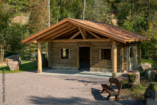Rest hut called Wodianka Hütte at Pollasch viewpoint close to Heigenbrücken,Spessart Nature Park,Germany photo