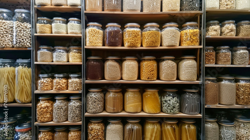 A variety of whole grain and glutenfree options lining the shelves from quinoa and brown rice to lentil pasta and chia seeds. photo