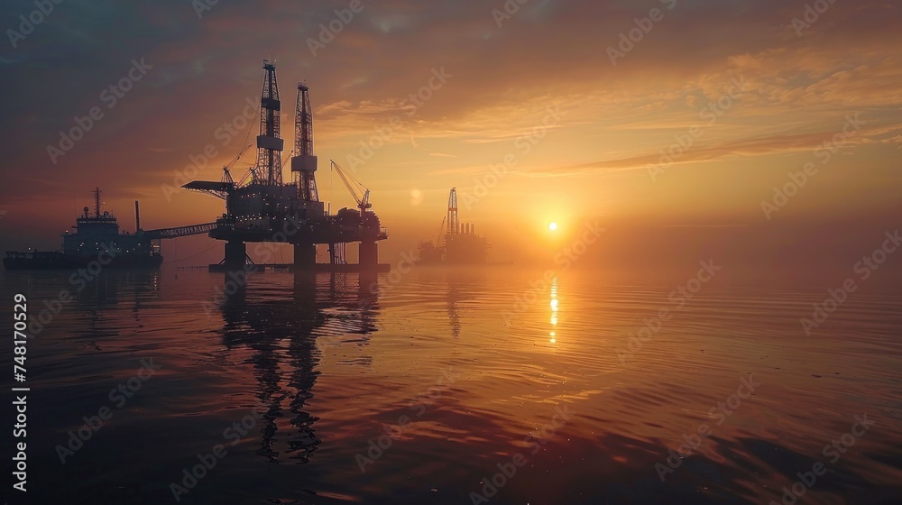 Sunset view of an oil rig and tanker at sea with a vibrant sky and calm waters