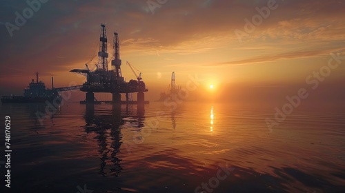 Sunset view of an oil rig and tanker at sea with a vibrant sky and calm waters