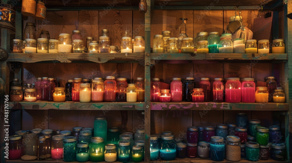 A cozy corner of the boutique filled with shelves of different sized mason jars each holding a different colored and scented candle. The soft lighting and warm colors create